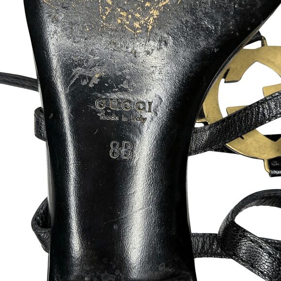 Gucci Interlocking G Black Leather Strappy Ankle Wrap Logo Thong Sandals Size 8B - Picture 11 of 11